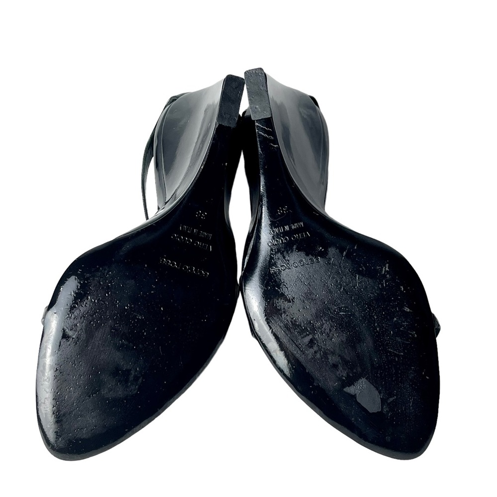 SERGIO ROSSI VERNICE PATENT LEATHER BLACK OBLIQUE TOE ANKLE STRAP WEDGE HEELS - Picture 5 of 13